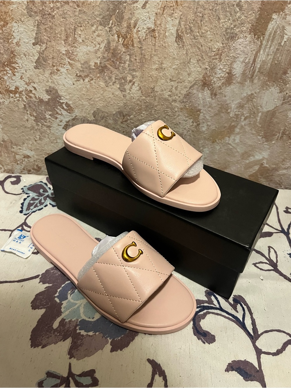 Quilted Pink Leather coach  Slide Sandals with Gold Accent
